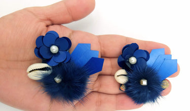 Hand Embroidered Blue Applique With Cowrie Shell, Sequins,Pearl and Feather Pom Pom